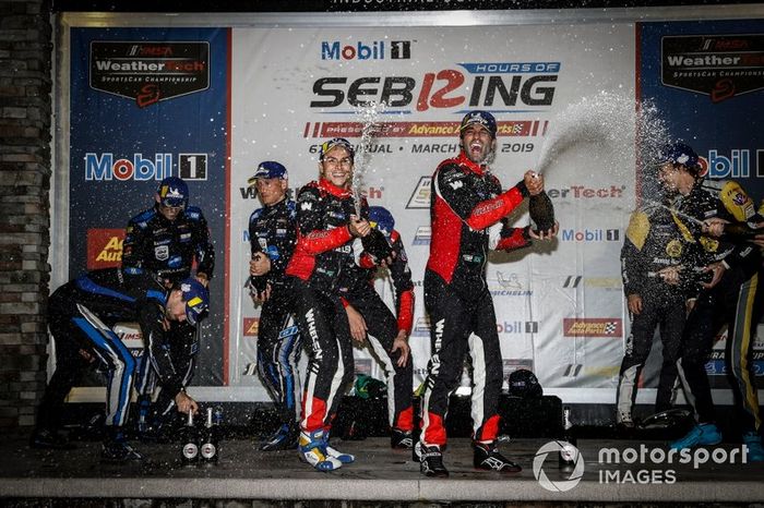 #10 Konica Minolta Cadillac DPi-V.R. Cadillac DPi, DPi: Renger Van Der Zande, Jordan Taylor, Matthieu Vaxiviere, #31 Whelen Engineering Racing Cadillac DPi, DPi: Felipe Nasr, Pipo Derani, Eric Curran, #5 Mustang Sampling Racing Cadillac DPi, DPi: Joao Barbosa, Filipe Albuquerque, Brendon Hartley, podium