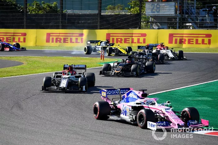 Sergio Perez, Racing Point RP19, Antonio Giovinazzi, Alfa Romeo Racing C38, Kevin Magnussen, Haas F1 Team VF-19, Romain Grosjean, Haas F1 Team VF-19, Kimi Raikkonen, Alfa Romeo Racing C38, y Daniel Ricciardo, Renault F1 Team R.S.19