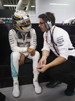 Lewis Hamilton, Mercedes AMG F1 W07 Hybrid with Toto Wolff, Mercedes AMG F1 Shareholder and Executiv