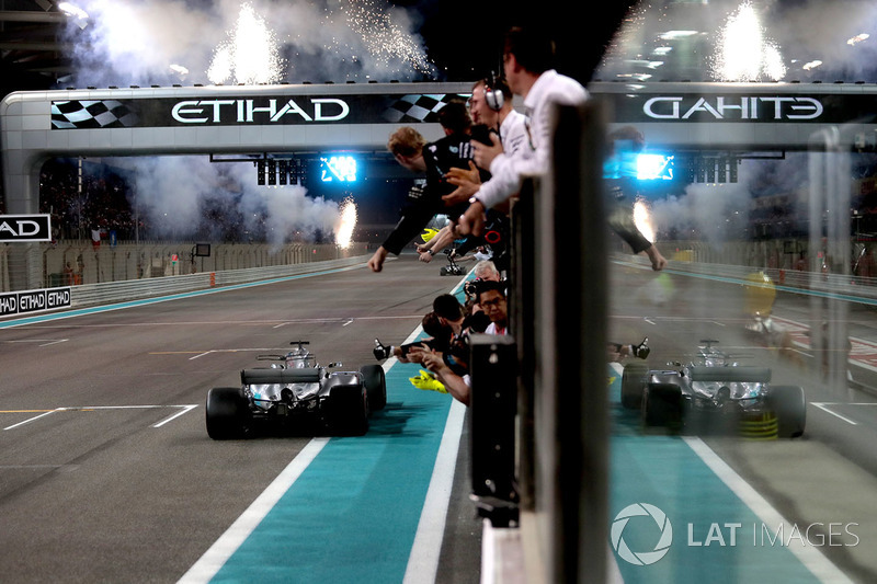 Valtteri Bottas, Mercedes-Benz F1 W08 and Lewis Hamilton, Mercedes-Benz F1 W08  cross the line