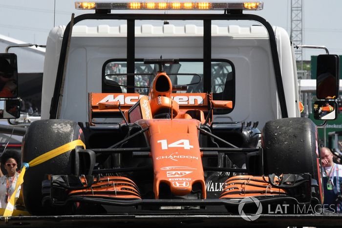The car of race retiree Fernando Alonso, McLaren MCL32