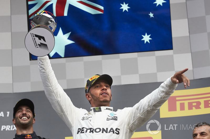 Race winner Lewis Hamilton, Mercedes AMG F1, with his trophy