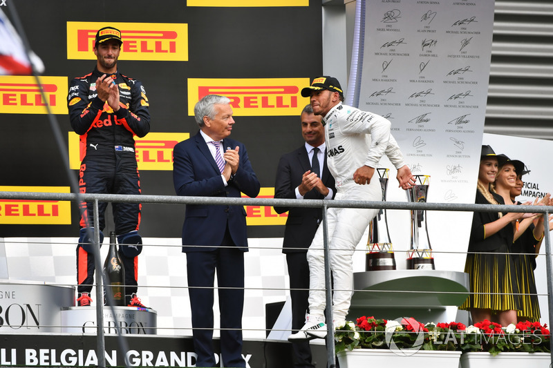 Race winner Lewis Hamilton, Mercedes AMG F1, celebrates on the podium