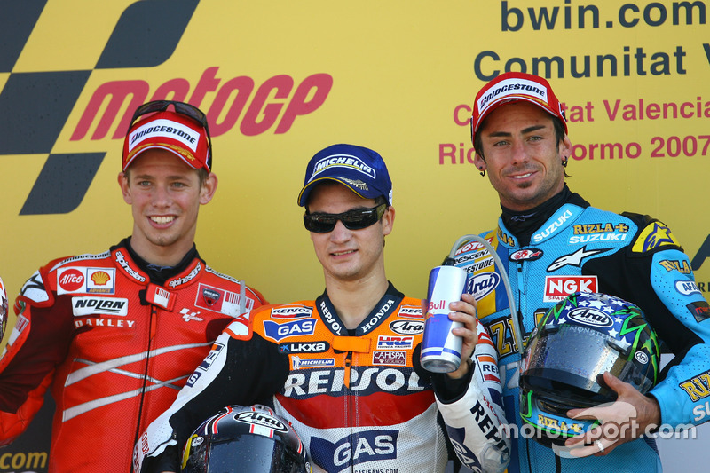 Podium : Le vainqueur Dani Pedrosa, Repsol Honda, le deuxième Casey Stoner, Ducati, le troisième John Hopkins, Suzuki