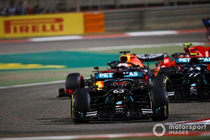 George Russell, Mercedes F1 W11, Valtteri Bottas, Mercedes F1 W11, Max Verstappen, Red Bull Racing RB16, Charles Leclerc, Ferrari SF1000, at the start