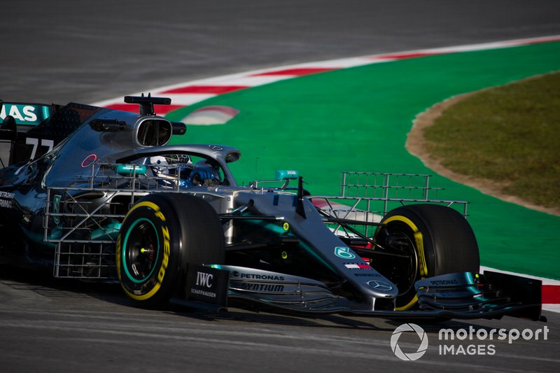 Valtteri Bottas, Mercedes AMG F1 W10, carries a test rig