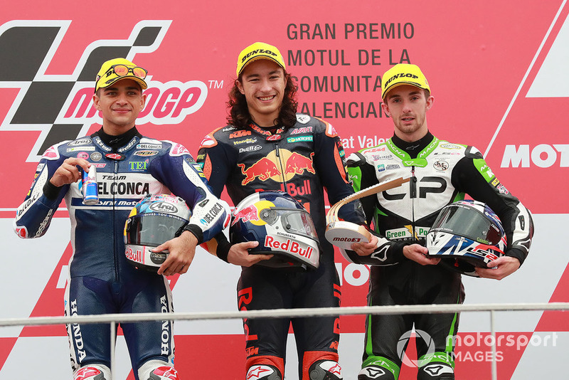 Podium: race winner Can Oncu, Red Bull KTM Ajo, second place Jorge Martin, Del Conca Gresini Racing, third place John McPhee, CIP Green Power