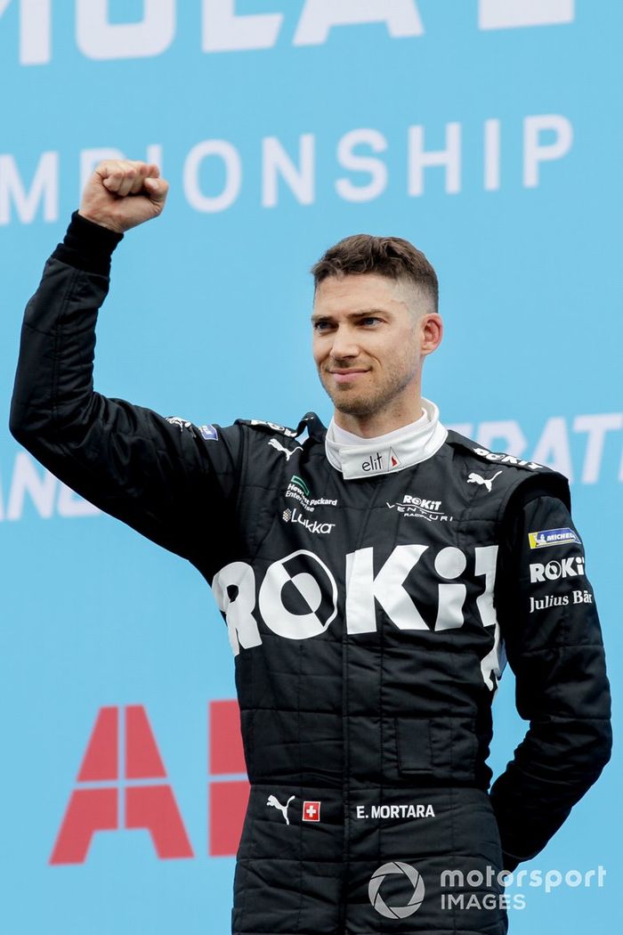 Podio: segundo lugar Jean-Eric Vergne, DS Techeetah, ganador  Edoardo Mortara, Venturi Racing, tercer lugar Stoffel Vandoorne, Mercedes-Benz EQ