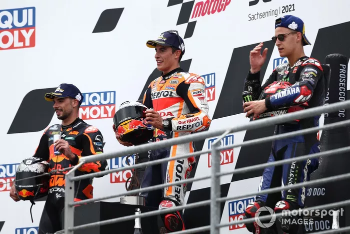 Podio: ganador de la carrera Marc Márquez, Repsol Honda Team, segundo lugar Miguel Oliveira, Red Bull KTM Factory Racing, tercer lugar Fabio Quartararo, Yamaha Factory Racing