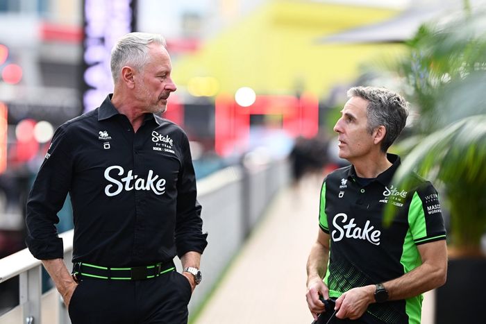 Jonathan Wheatley, Team Principal of Stake F1 Team Kick Sauber talks with Inaki Rueda, Sporting Director of Stake F1 Team Kick Sauber in the Paddock