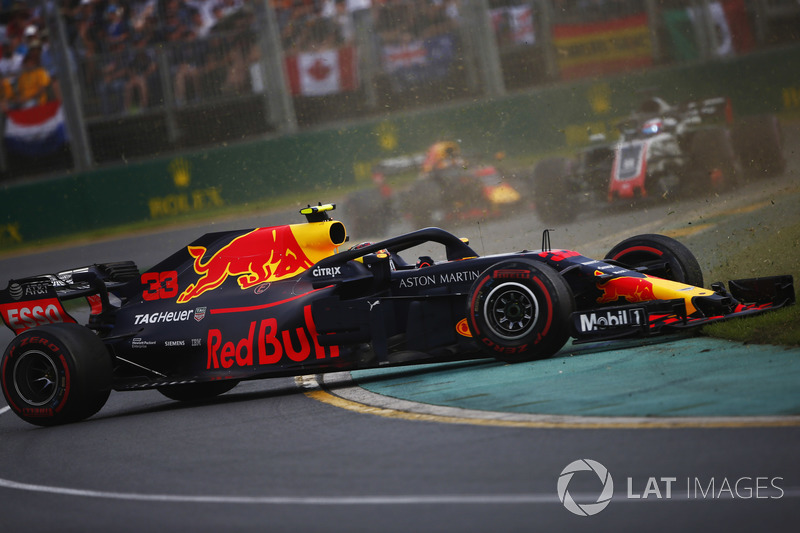 Max Verstappen, Red Bull Racing RB14 Tag Heuer, spins in the path of Romain Grosjean, Haas F1 Team VF-18 Ferrari