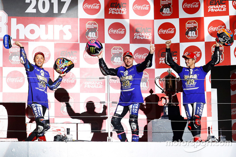 Podium: race winners Katsuyuki Nakasuga, Alex Lowes, Michael Van Der Mark, Yamaha Factory Racing Tea