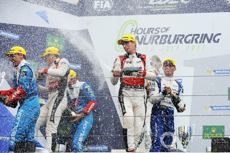 LMP2 Podium: first place Ho-Pin Tung, Oliver Jarvis, Thomas Laurent, DC Racing, second place Julien Canal, Bruno Senna, Filipe Albuquerque, Vaillante Rebellion Racing, third place Gustavo Menezes, Nicolas Lapierre, Matt Rao, Signatech