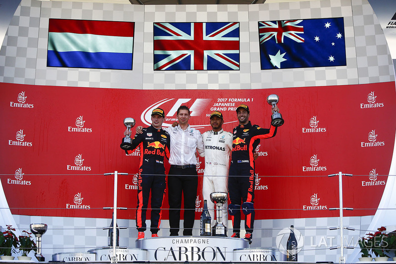 Max Verstappen, Red Bull, second place, James Vowles, Chief Strategist, Mercedes AMG F1, Race winner Third place Lewis Hamilton, Mercedes AMG F1 Daniel Ricciardo, Red Bull Racing, on the podium