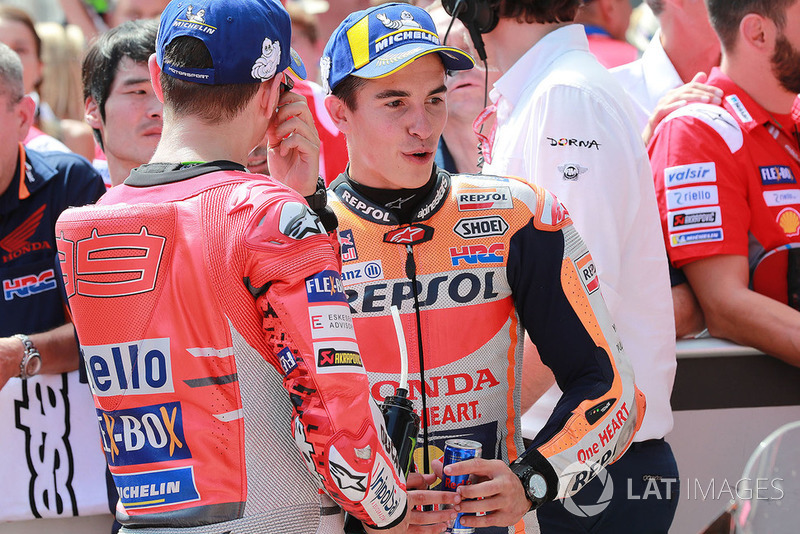 Poleman Marc Marquez, Repsol Honda Team, tercer clasificado Jorge Lorenzo, Ducati Team