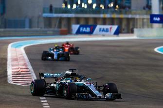 Lewis Hamilton, Mercedes AMG F1 W09 EQ Power+, leads Valtteri Bottas, Mercedes AMG F1 W09 EQ Power+, and Sebastian Vettel, Ferrari SF71H
