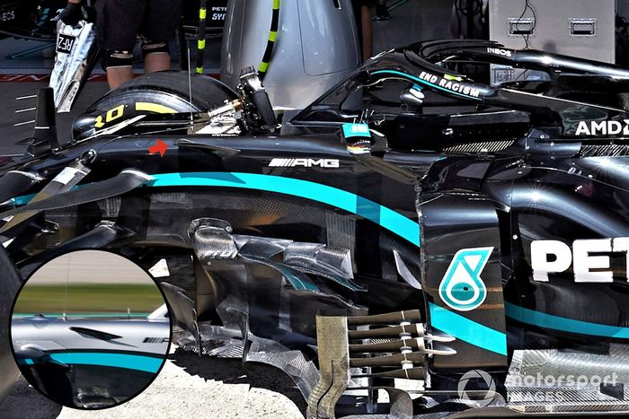 Detalhe da barbatana do Mercedes F1 W11 com comparação