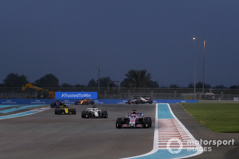 Sergio Perez, Racing Point Force India VJM11, Marcus Ericsson, Sauber C37 and Carlos Sainz Jr., Renault Sport F1 Team R.S. 18