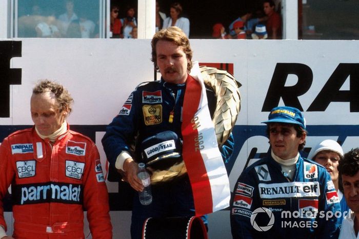 Podium: third place Niki Lauda, McLaren, Race winner Keke Rosberg, Williams, third place  Alain Prost,  Renault F1 Team