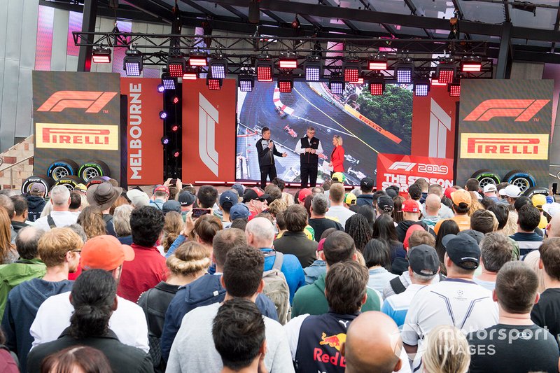 Mario Isola, Racing Manager, Pirelli Motorsport, and Ross Brawn, Managing Director of Motorsports, FOM, on stage at the Federation Square event