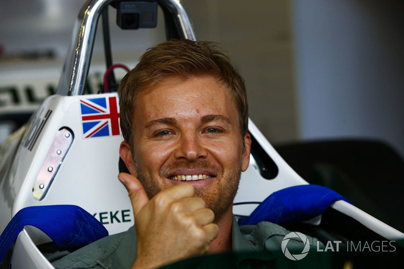 Nico Rosberg sits in a 1982 Williams FW08 Cosworth