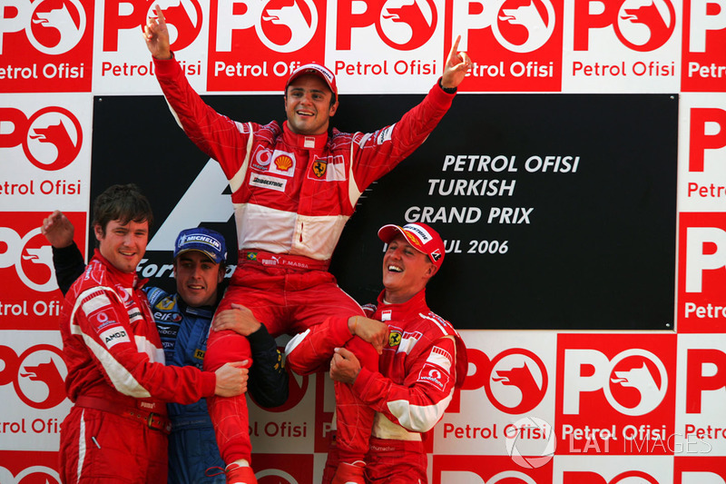 Podium: race winner Felipe Massa, Ferrari, second place Fernando Alonso, Renault, third placeMichael Schumacher, Ferrari, Rob Smedley, Ferrari