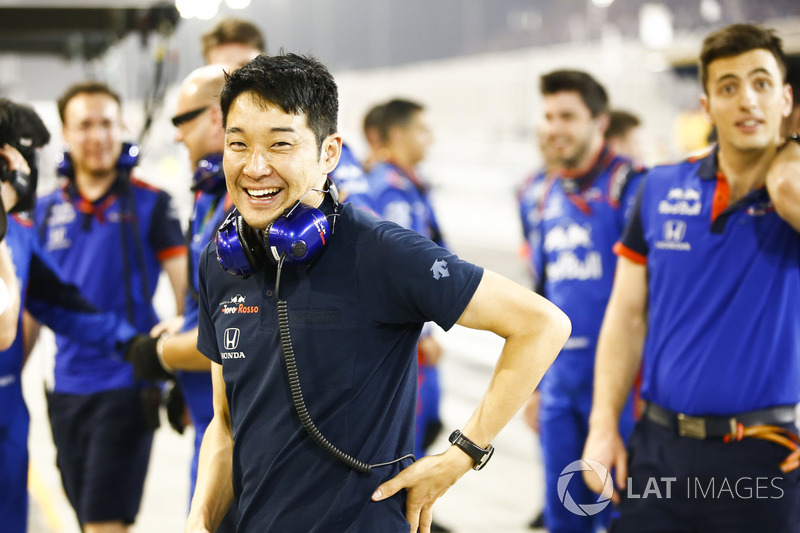 The Toro Rosso team celebrate a 4th place finish