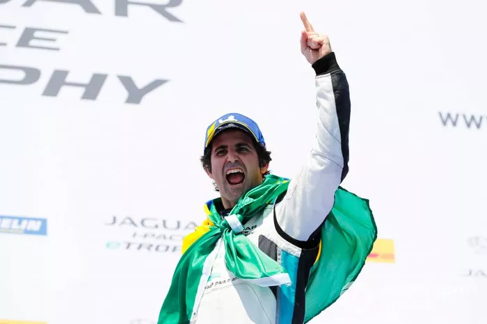 Sérgio Jimenez, Jaguar Brazil Racing celebrates victory on the podium