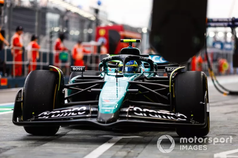 Fernando Alonso, Aston Martin AMR24, in the pit lane