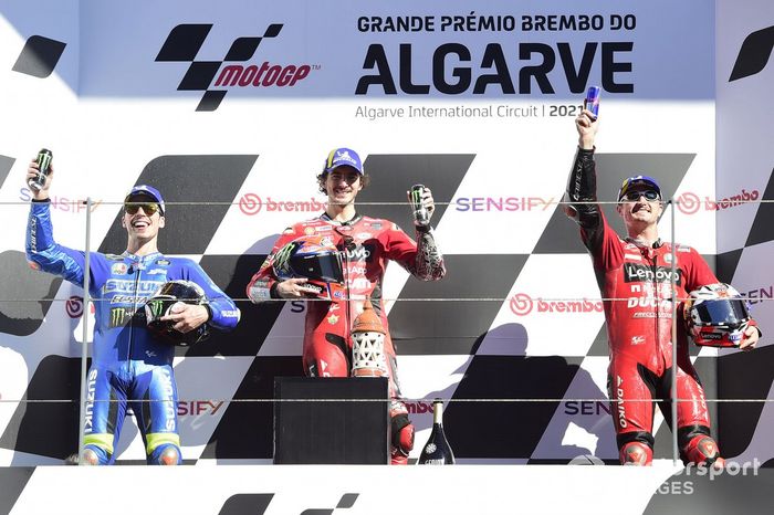 Podio: tercer lugar Jack Miller, Ducati Team, Ganador Francesco Bagnaia, Ducati Team, segundo lugar Joan Mir, Team Suzuki MotoGP