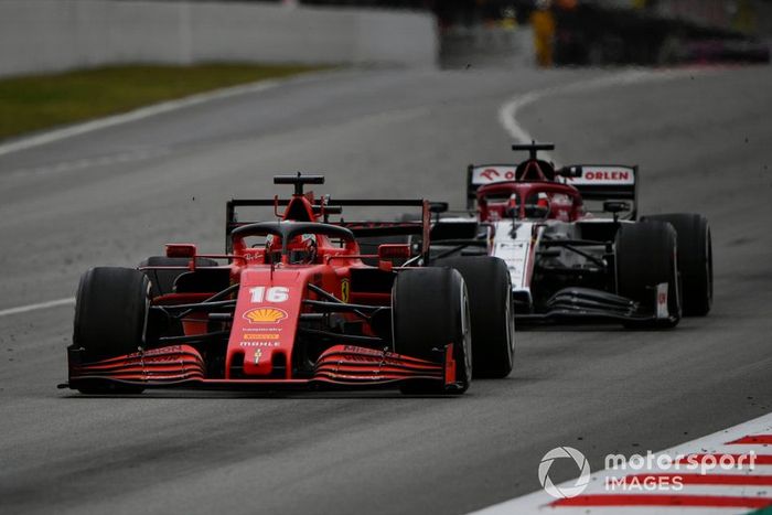 Charles Leclerc, Ferrari SF1000, leads Kimi Raikkonen, Alfa Romeo Racing C39