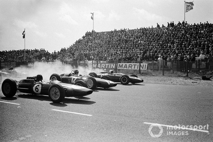 Jim Clark, Lotus 25 Climax, Graham Hill, BRM P57 and Bruce McLaren, Cooper T66 Climax