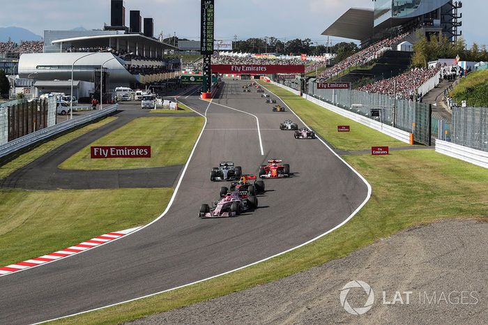 Esteban Ocon, Sahara Force India VJM10, Daniel Ricciardo, Red Bull Racing RB13, Valtteri Bottas, Mercedes-Benz F1 W08  and Sebastian Vettel, Ferrari SF70H