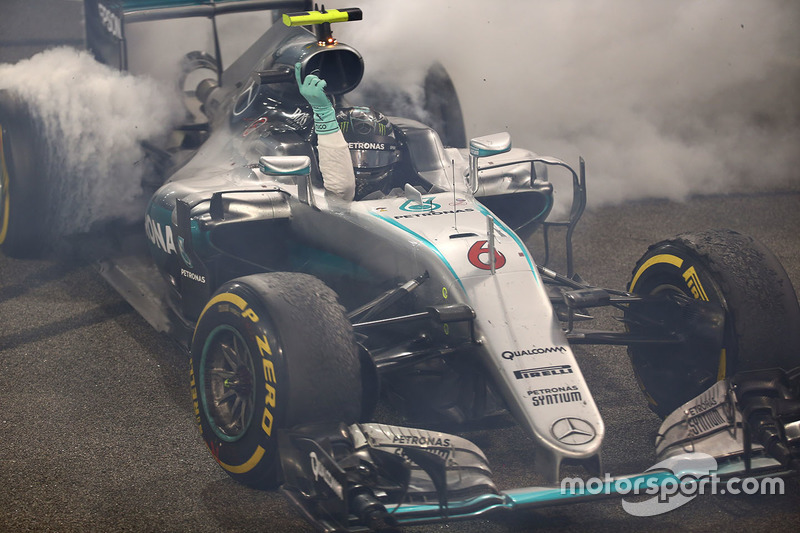 Second placed Nico Rosberg, Mercedes AMG F1 W07 Hybrid celebrates his World Championship at the end 