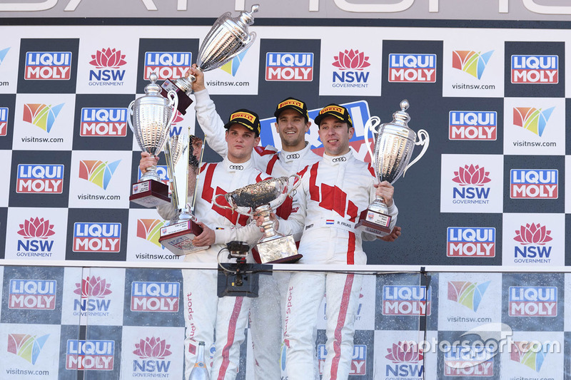 Podium: race winners Robin Frijns, Stuart Leonard, Dries Vanthoor, Audi Sport Team WRT