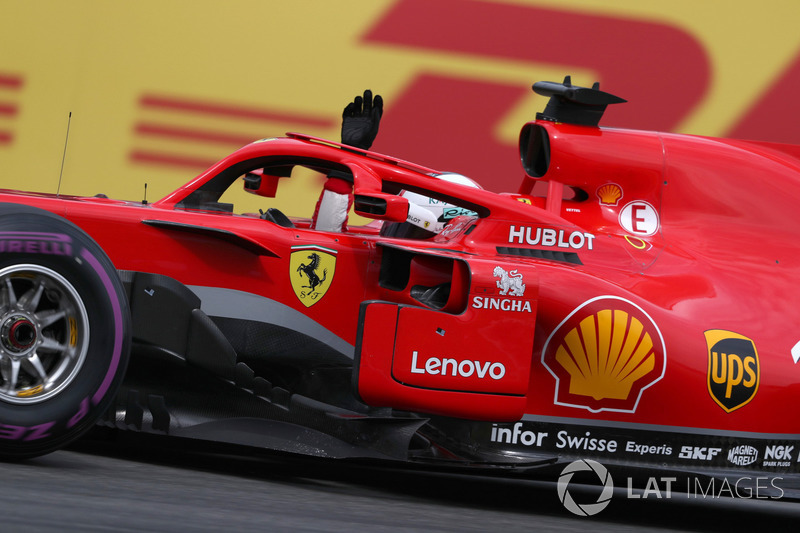 Sebastian Vettel, Ferrari SF71H celebrates pole position