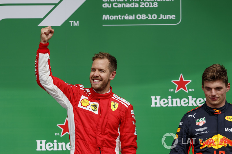 Sebastian Vettel, Ferrari, 1st position, celebrates alongside Max Verstappen, Red Bull Racing, 3rd p