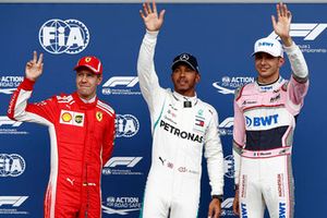 Pole para Lewis Hamilton, Mercedes AMG F1, segundo, Sebastian Vettel, Ferrari, tercero, Esteban Ocon, Racing Point Force India VJM11
