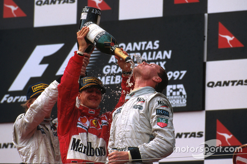 Podium: Race winner David Coulthard, McLaren Mercedes; second place Michael Schumacher, Ferrari; third place Mika Hakkinen, McLaren Mercedes