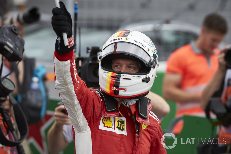 Sebastian Vettel, Ferrari, 1st position, celebrates on arrival in Parc Ferme