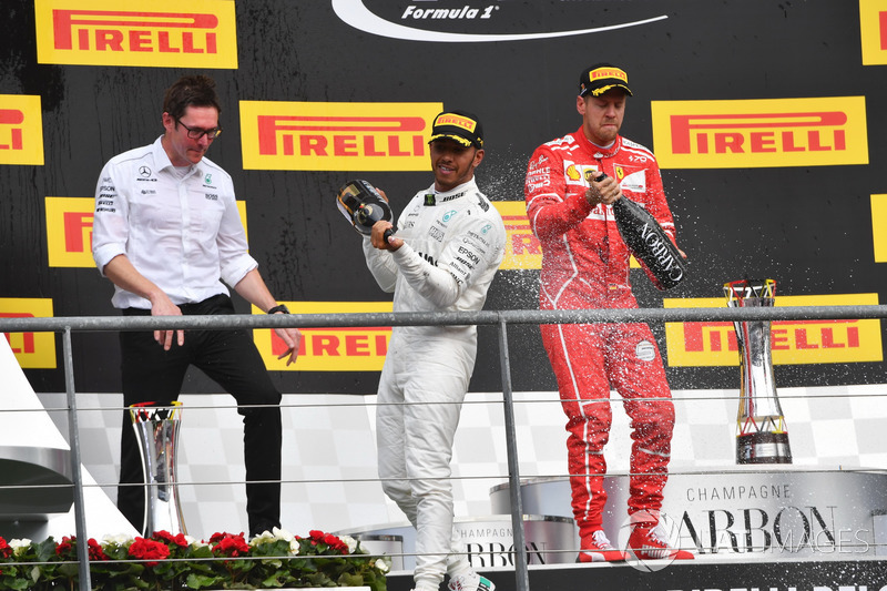 Andy Shovlin, Mercedes AMG F1 Engineer, Lewis Hamilton, Mercedes AMG F1 and Sebastian Vettel, Ferrari celebrate on the podium