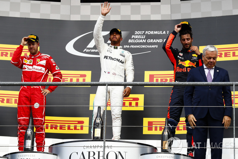 Podium: Second place Sebastian Vettel, Ferrari, Race winner Third place Lewis Hamilton, Mercedes AMG F1 Daniel Ricciardo, Red Bull Racing