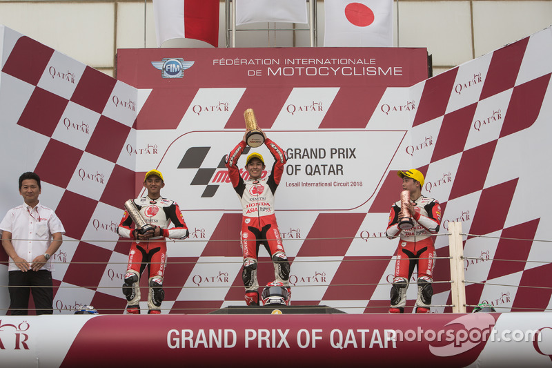 Podium Race 1 Asia Talent Cup Qatar: #7 Mario Suryo Aji, #9 Haruki Noguchi, #3 Sho Nishimura