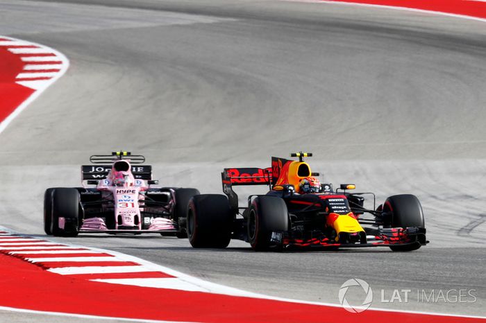 Max Verstappen, Red Bull Racing RB13 and Esteban Ocon, Sahara Force India VJM10