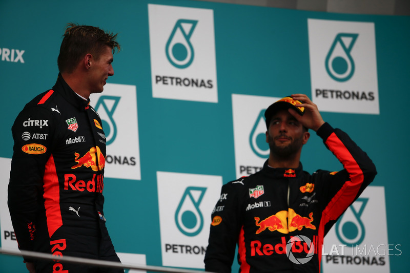 Max Verstappen, Red Bull Racing, race winner, third place Daniel Ricciardo, Red Bull Racing, celebrate on the podium