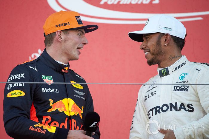 Max Verstappen, Red Bull, second place, Race winner Lewis Hamilton, Mercedes AMG F1, on the podium