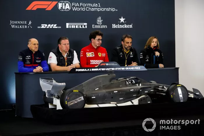 Franz Tost, Team Principal, Toro Rosso, Zak Brown, Executive Director, McLaren, Mattia Binotto, Team Principal Ferrari, Cyril Abiteboul, Managing Director, Renault F1 Team and Claire Williams, Deputy Team Principal, Williams Racing, sit behind a model of a 2021 Formula 1 car