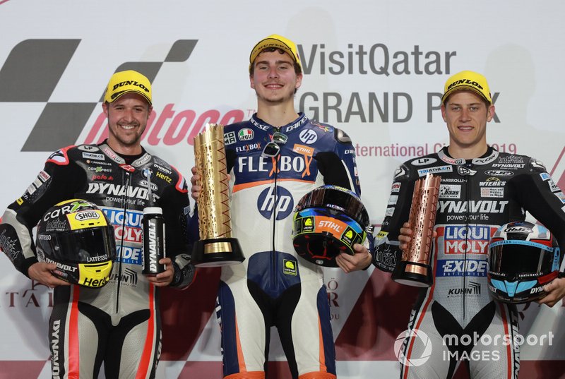 Podium: tweede Thomas Luthi, Intact GP, winnaar Lorenzo Baldassarri, Pons HP40, derde Marcel Schrotter, Intact GP