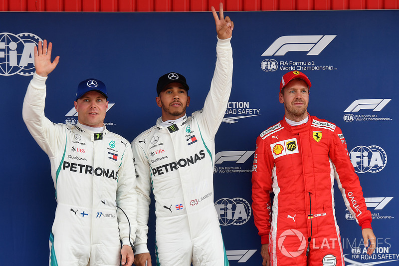 Top three qualifiers: polesitter Lewis Hamilton, Mercedes AMG F1, second place Valtteri Bottas, Mercedes AMG F1, third place Sebastian Vettel, Ferrari