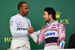 Race winner Lewis Hamilton, Mercedes-AMG F1 and Sergio Perez, Force India celebrates on the podium